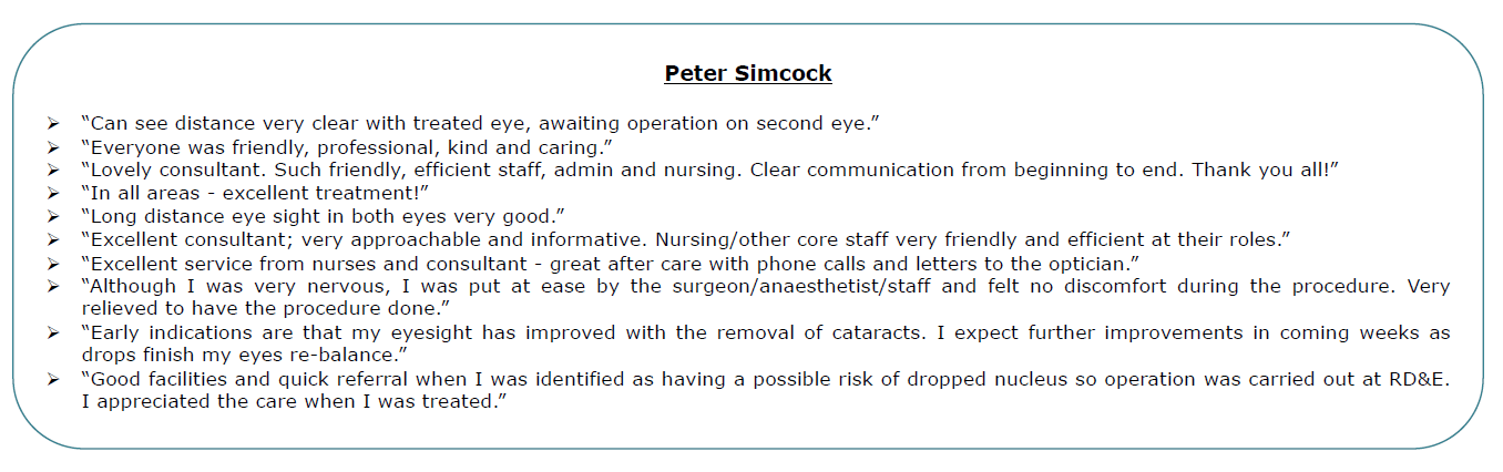 Exeter Eye - Peter Simock - Patient Feedback October - December 2021